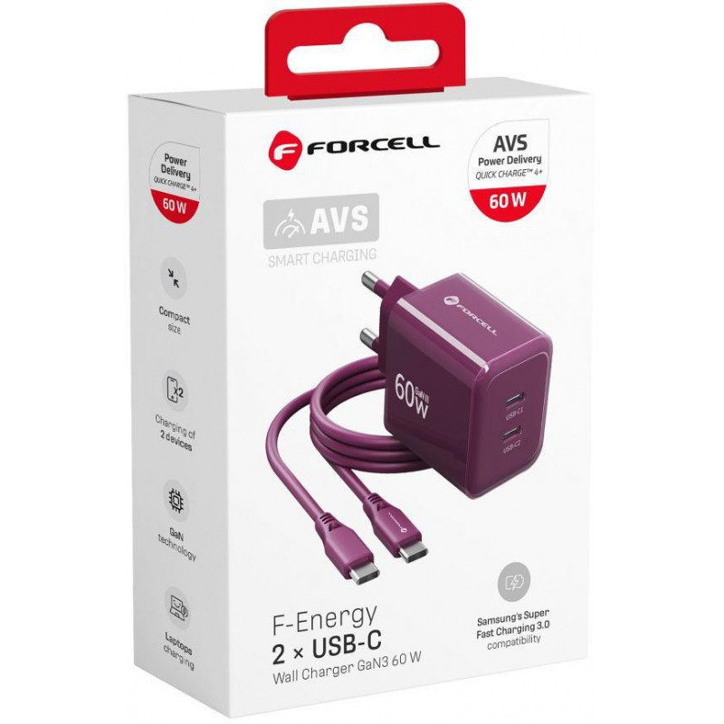 Ładowarka sieciowa Forcell F-Energy GaN III VT-60 60W PD QC 4.0+ 2x USB-C burgund + kabel USB-C