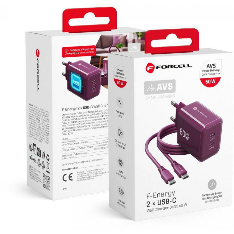 Ładowarka sieciowa Forcell F-Energy GaN III VT-60 60W PD QC 4.0+ 2x USB-C burgund + kabel USB-C