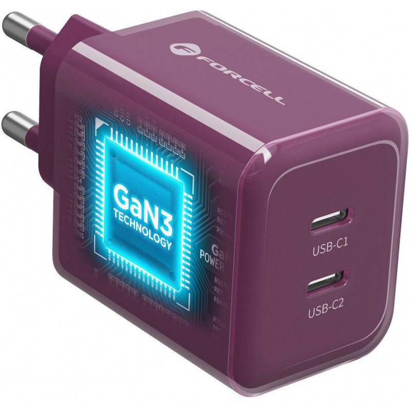 Ładowarka sieciowa Forcell F-Energy GaN III VT-60 60W PD QC 4.0+ 2x USB-C burgund + kabel USB-C