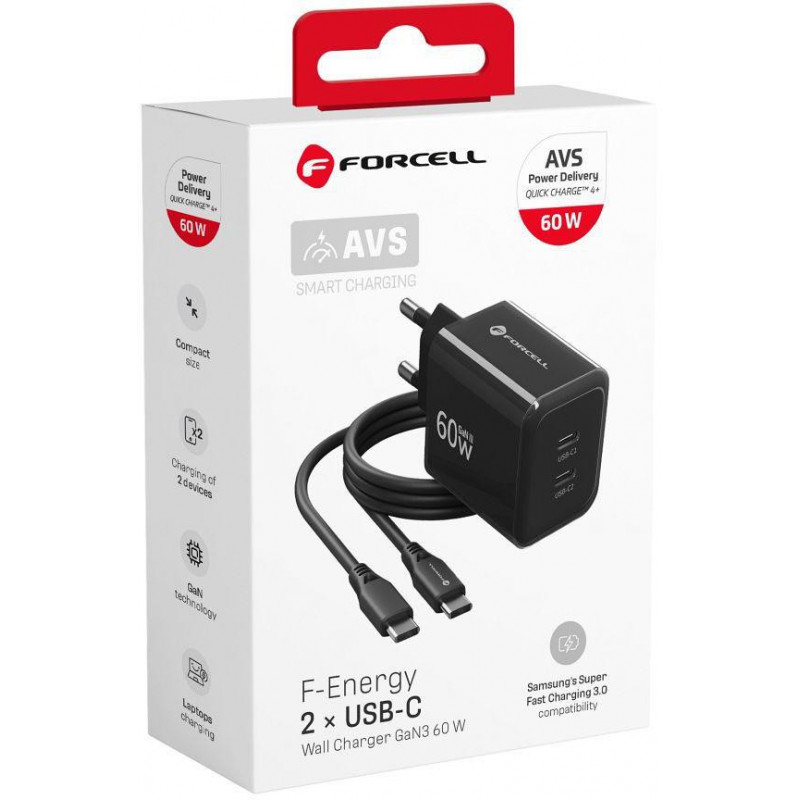 Forcell F-Energy GaN III VT-60 60W PD QC 4.0+ 2x USB-C czarna ładowarka sieciowa + kabel USB-C