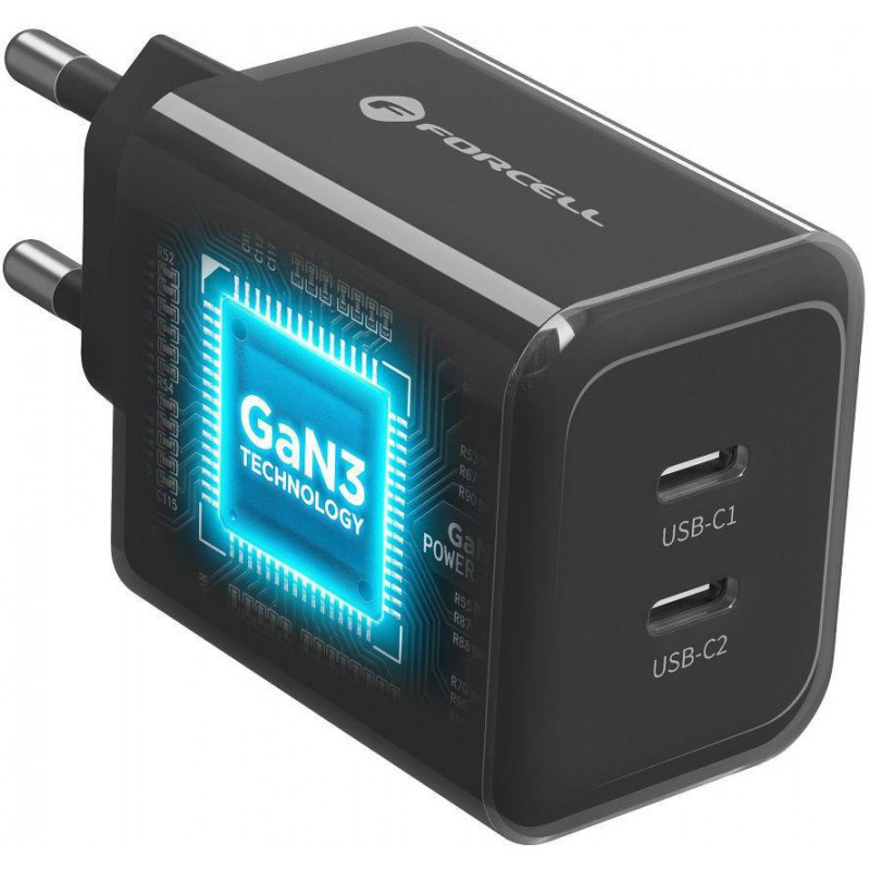 Forcell F-Energy GaN III VT-60 60W PD QC 4.0+ 2x USB-C czarna ładowarka sieciowa + kabel USB-C