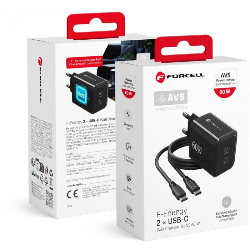 Forcell F-Energy GaN III VT-60 60W PD QC 4.0+ 2x USB-C czarna ładowarka sieciowa + kabel USB-C
