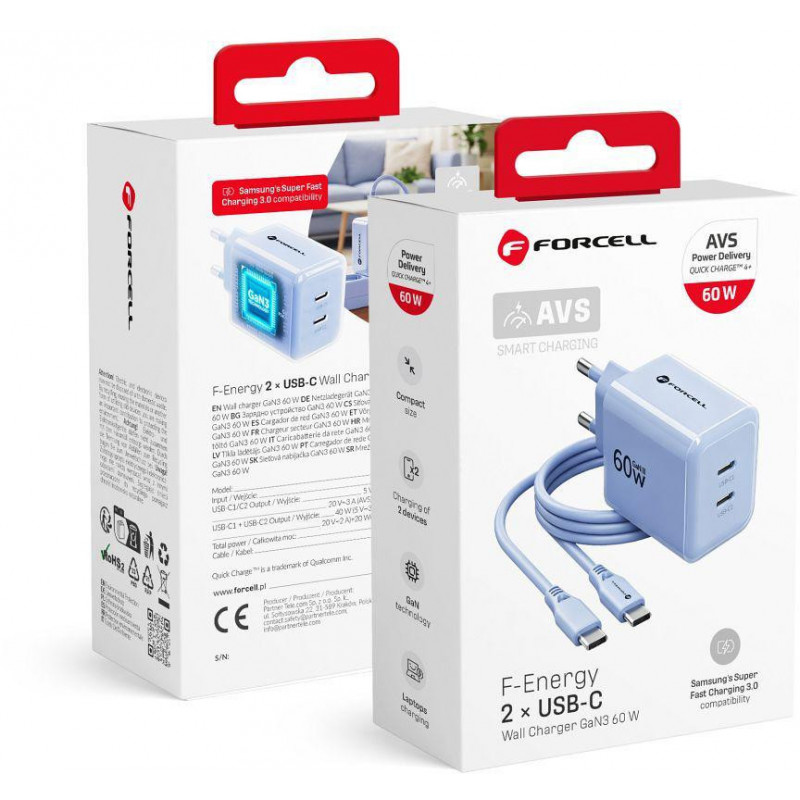 Forcell F-Energy GaN III VT-60 60W PD QC 4.0+ 2x USB-C ładowarka sieciowa niebieska + kabel USB-C