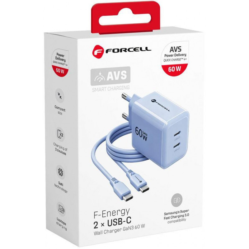 Forcell F-Energy GaN III VT-60 60W PD QC 4.0+ 2x USB-C ładowarka sieciowa niebieska + kabel USB-C