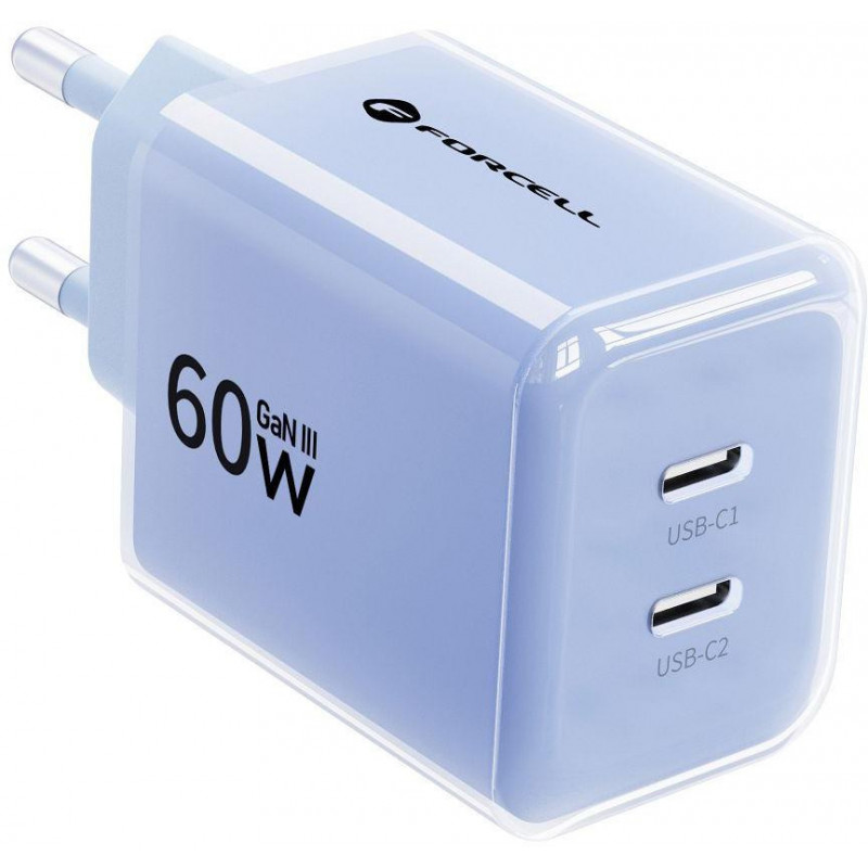 Forcell F-Energy GaN III VT-60 60W PD QC 4.0+ 2x USB-C ładowarka sieciowa niebieska + kabel USB-C