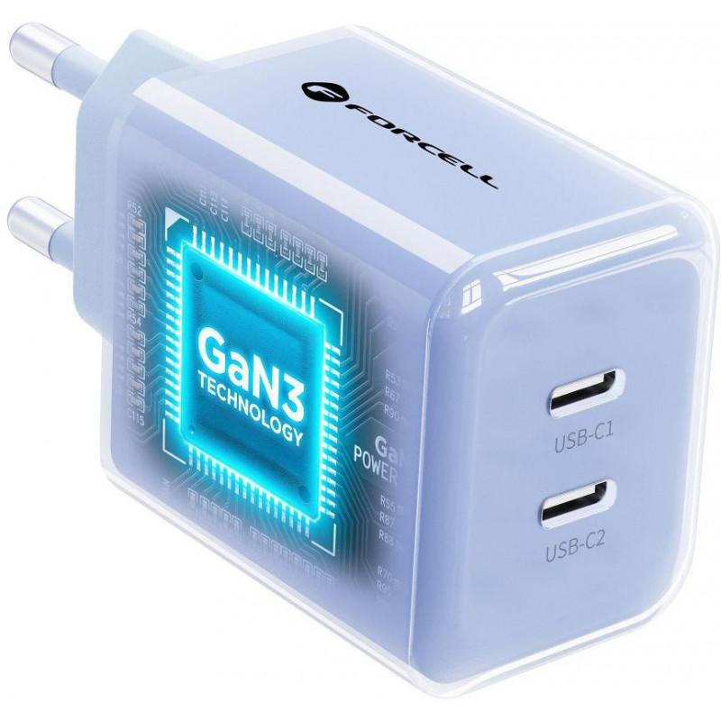 Forcell F-Energy GaN III VT-60 60W PD QC 4.0+ 2x USB-C ładowarka sieciowa niebieska + kabel USB-C