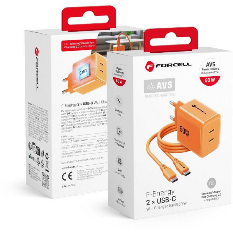 Forcell F-Energy GaN III VT-60 60W PD QC 4.0+ 2x USB-C ładowarka sieciowa pomarańczowa + kabel USB-C