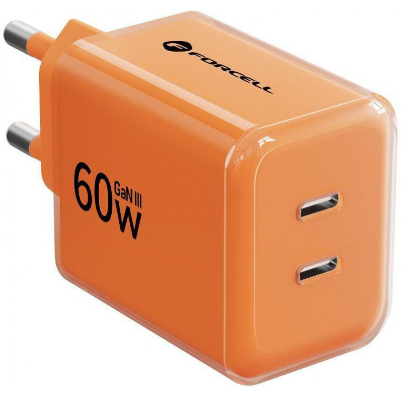 Forcell F-Energy GaN III VT-60 60W PD QC 4.0+ 2x USB-C ładowarka sieciowa pomarańczowa + kabel USB-C