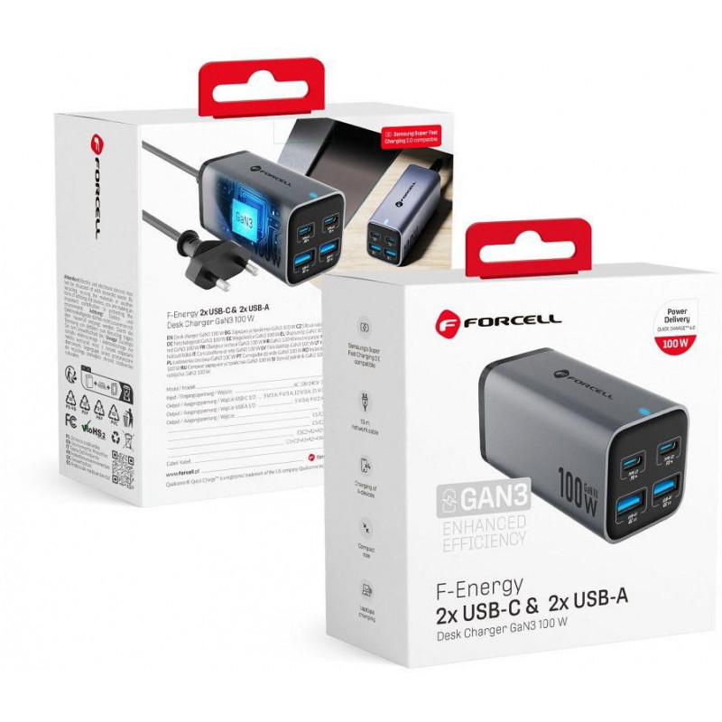Ładowarka biurkowa Forcell F-Energy GaN III VT-49, 2x USB-C + 2x USB-A, PD, QC 4.0, 100 W, szara