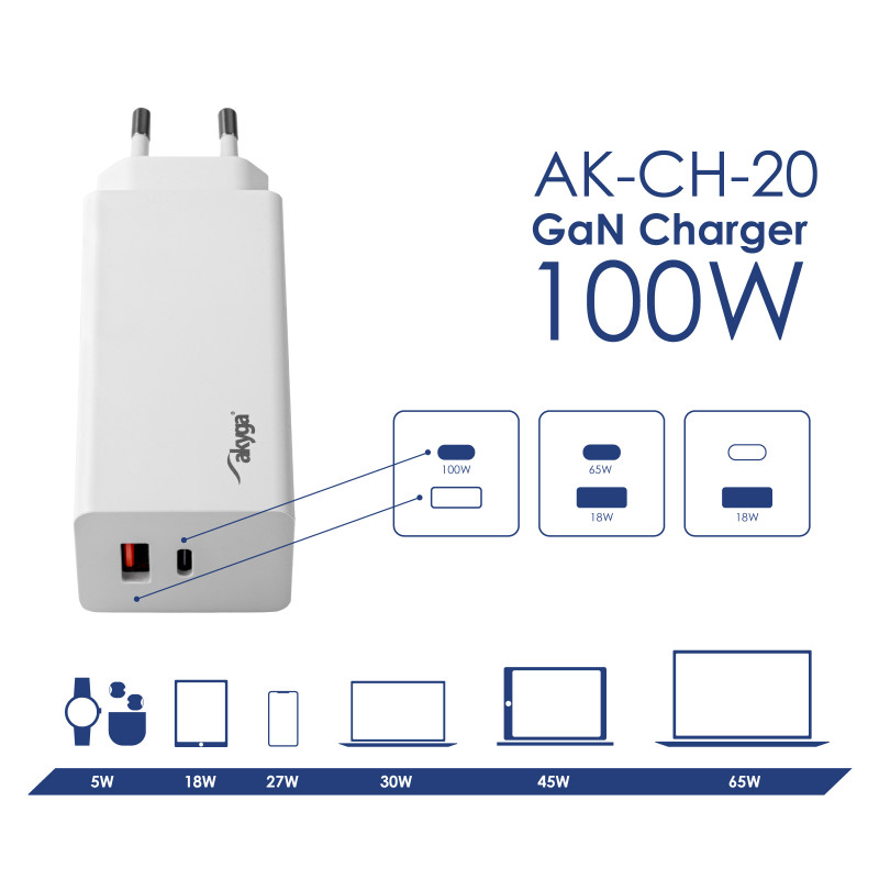 Ładowarka sieciowa Akyga AK-CH-20 100W USB-C USB-A PD GaN 5-20V / 1.5-5A biała