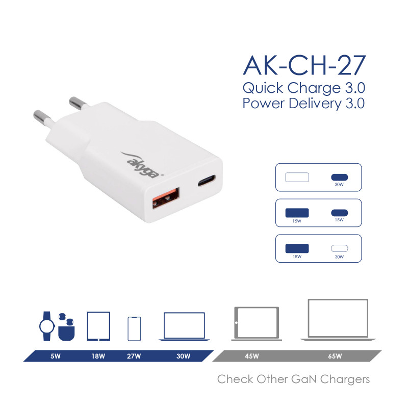 Ładowarka sieciowa Akyga AK-CH-27 30W USB-C USB-A PD GaN 5-20V / 1.5-3A biała