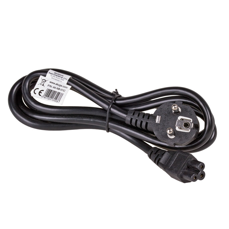 Kabel zasilający do notebooka Akyga AK-NB-01C CEE 7/7 – IEC C5, miedź 3x0,75 mm², 1,5 m, czarny