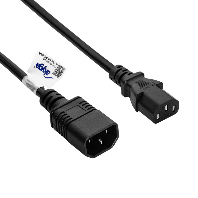 Przedłużacz zasilający Akyga AK-PC-03C IEC C14 – IEC C13, miedź 3x0,75 mm², 1,8 m, czarny