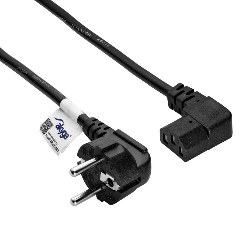 Kabel zasilający Akyga AK-PC-02C CEE 7/7 – IEC C13 kątowy 90°, miedź 3x0,75 mm², 1,5 m, czarny