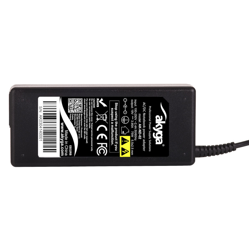 Akyga AK-ND-02 zasilacz do laptopa 19 V / 3,95 A, 75 W, 5,5 x 2,5 mm, 1,2 m, do laptopów ASUS / Toshiba / Lenovo