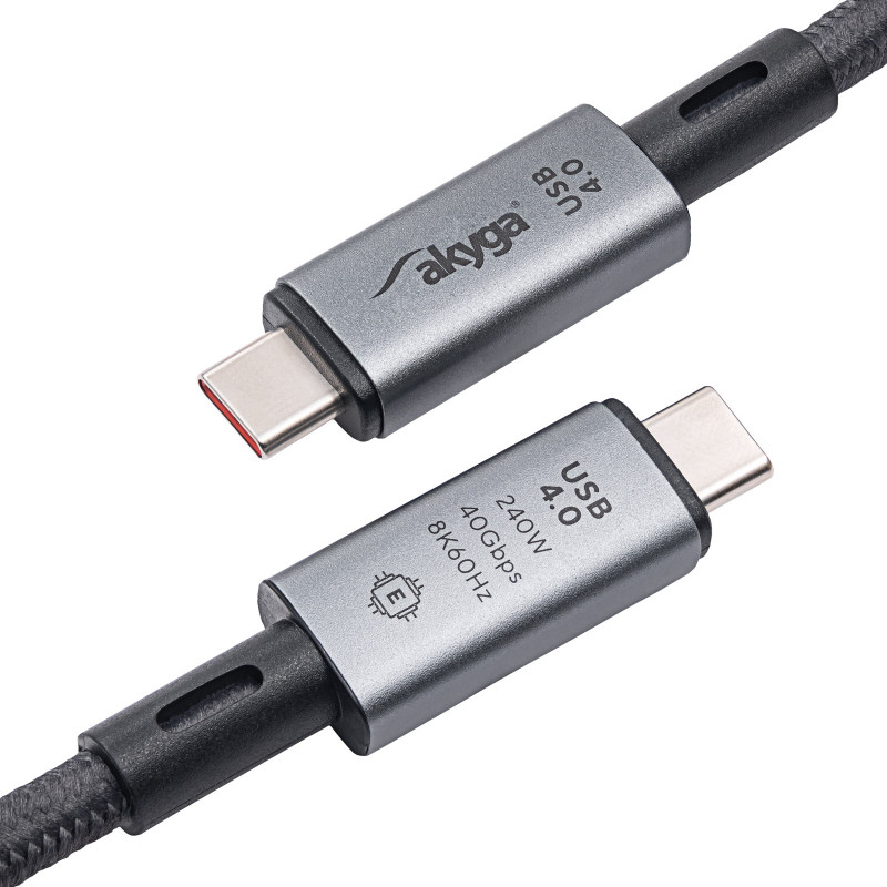 Kabel USB-C – USB-C w oplocie Akyga AK-USB-45, USB4, 40 Gb/s, 240 W, 1 m, szary