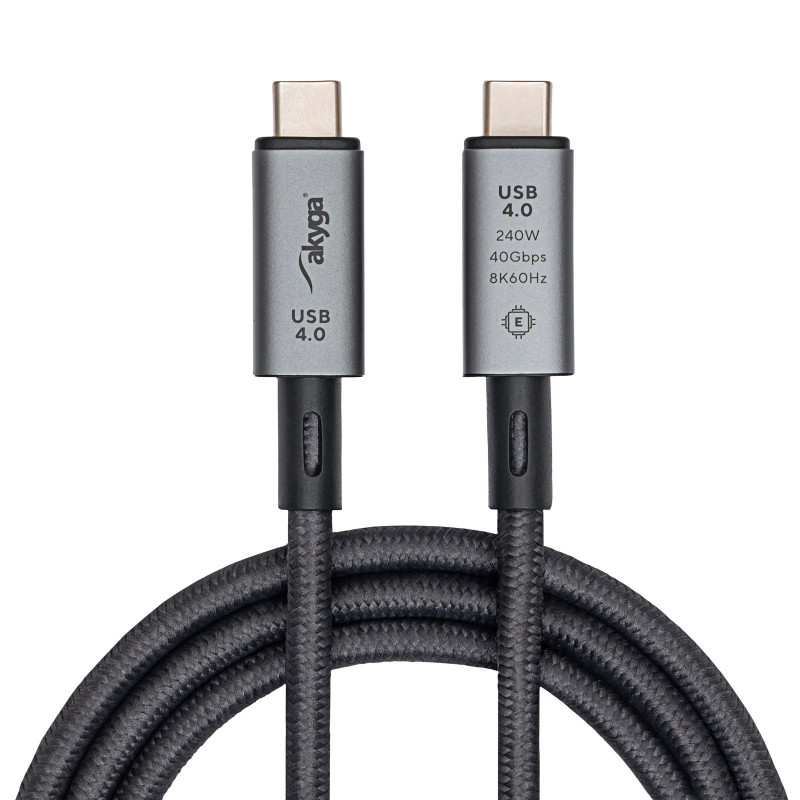 Kabel USB-C – USB-C w oplocie Akyga AK-USB-45, USB4, 40 Gb/s, 240 W, 1 m, szary