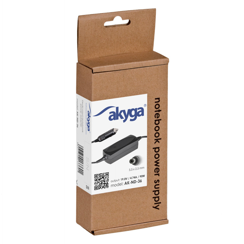 Akyga AK-ND-36 samochodowy zasilacz do laptopa 19 V / 4,74 A, 90 W, 5,5 x 2,5 mm, do laptopów ASUS / Toshiba