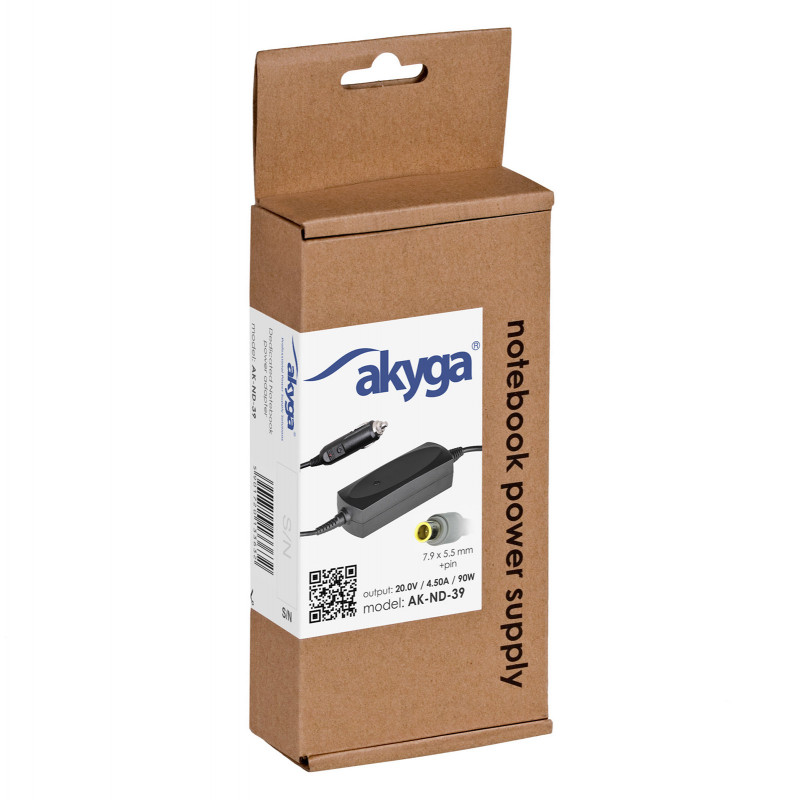 Akyga AK-ND-39 samochodowy zasilacz do laptopa 20 V / 4,5 A, 90 W, 7,9 x 5,5 mm + pin, do laptopów Lenovo