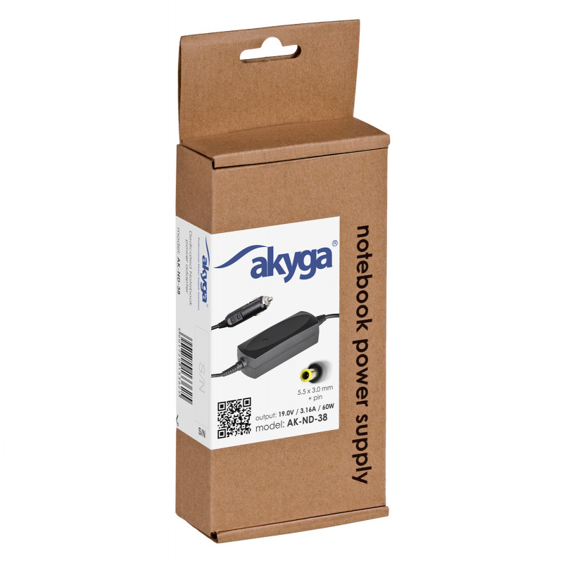 Akyga AK-ND-38 samochodowy zasilacz do laptopa 19 V / 3,16 A, 60 W, 5,5 x 3,0 mm + pin, do laptopów Samsung