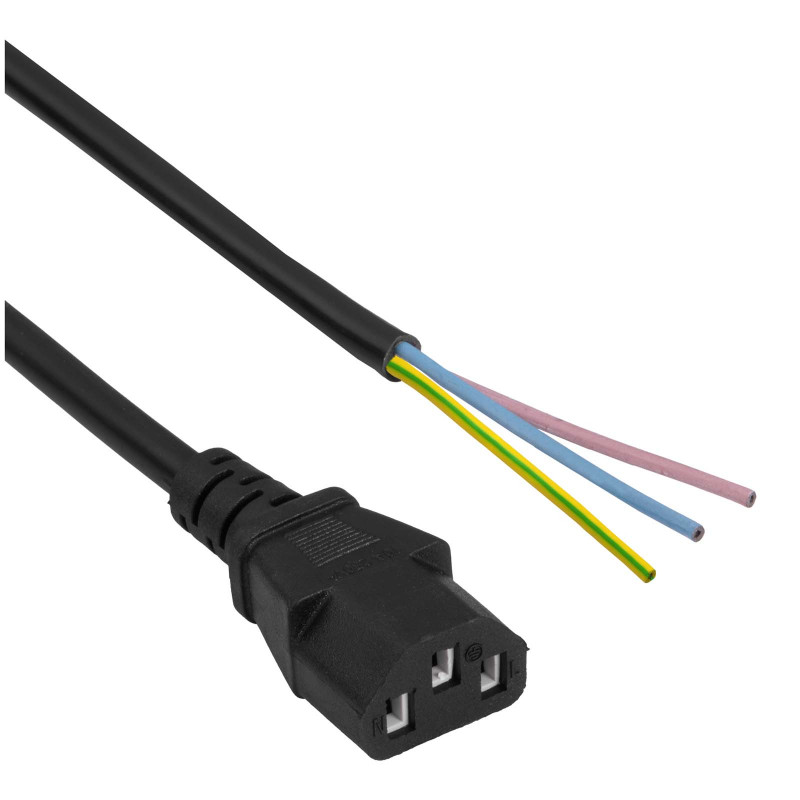 Akyga AK-OT-02A kabel zasilający IEC C13 – otwarty koniec, CCA 3 x 0,5 mm², 1,5 m, czarny