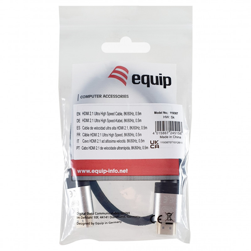 Equip 119387 kabel HDMI 2.1 Ultra High Speed z Ethernet, 48 Gb/s, 8K/60 Hz, czarny, 0,5 m
