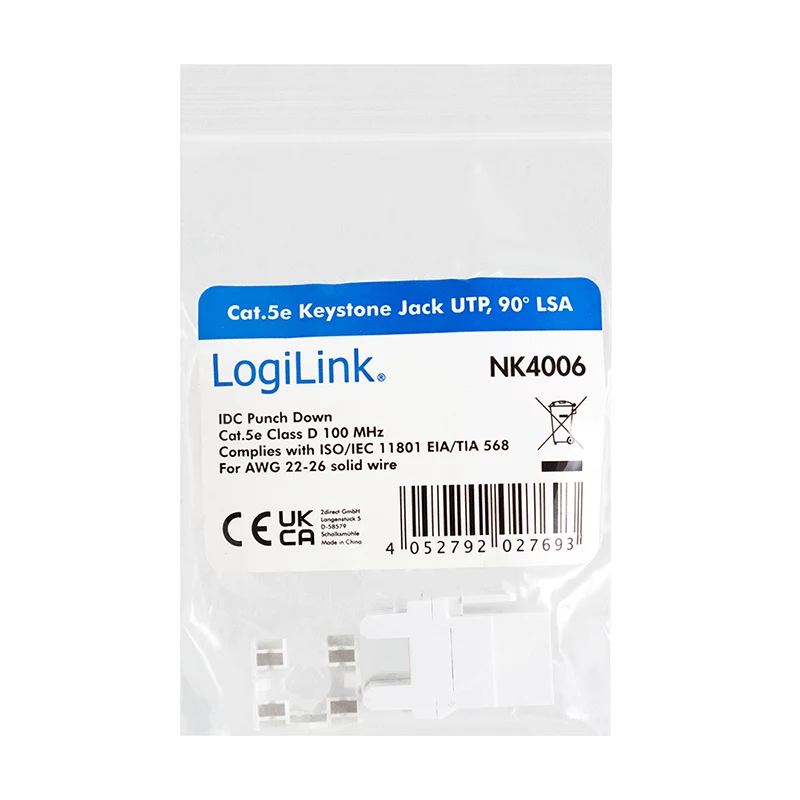LogiLink NK4006 moduł keystone RJ45, Cat.5e UTP, zacisk 90°, biały