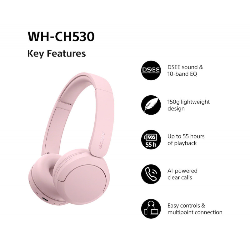 Sony WH-CH530 słuchawki nauszne Bluetooth z mikrofonem, redukcja szumów, różowe