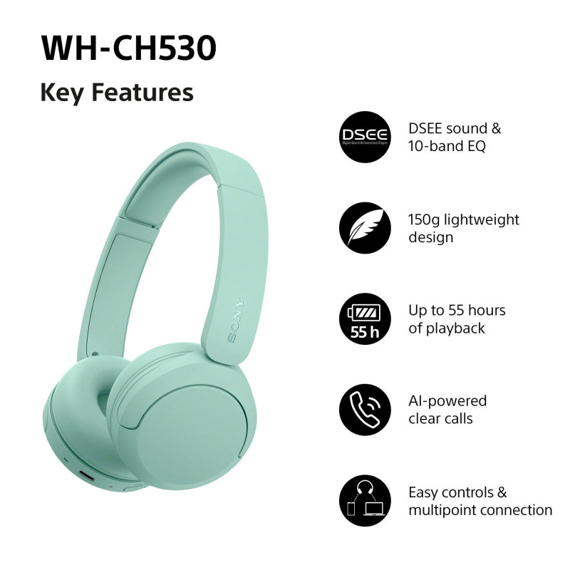 Sony WH-CH530 bezprzewodowe słuchawki Bluetooth, miętowe