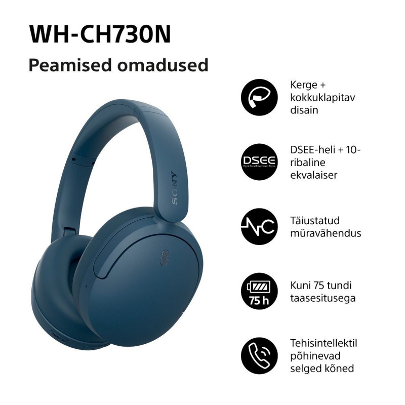 Sony WH-CH730N słuchawki wokółuszne Bluetooth z mikrofonem, niebieskie