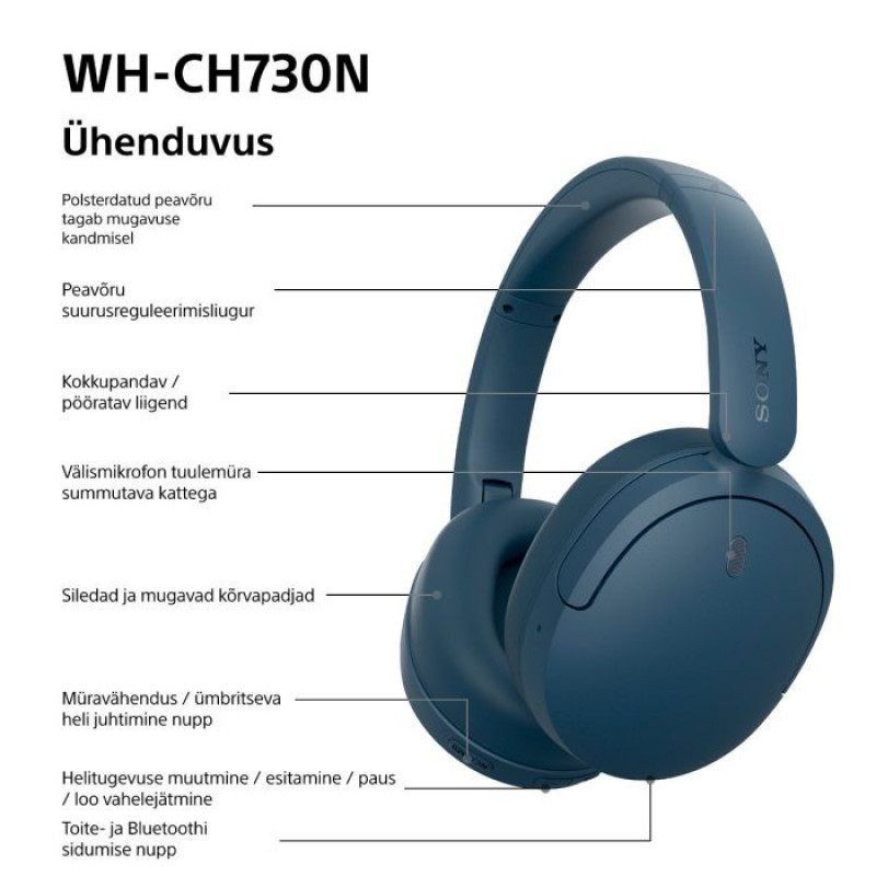 Sony WH-CH730N słuchawki wokółuszne Bluetooth z mikrofonem, niebieskie