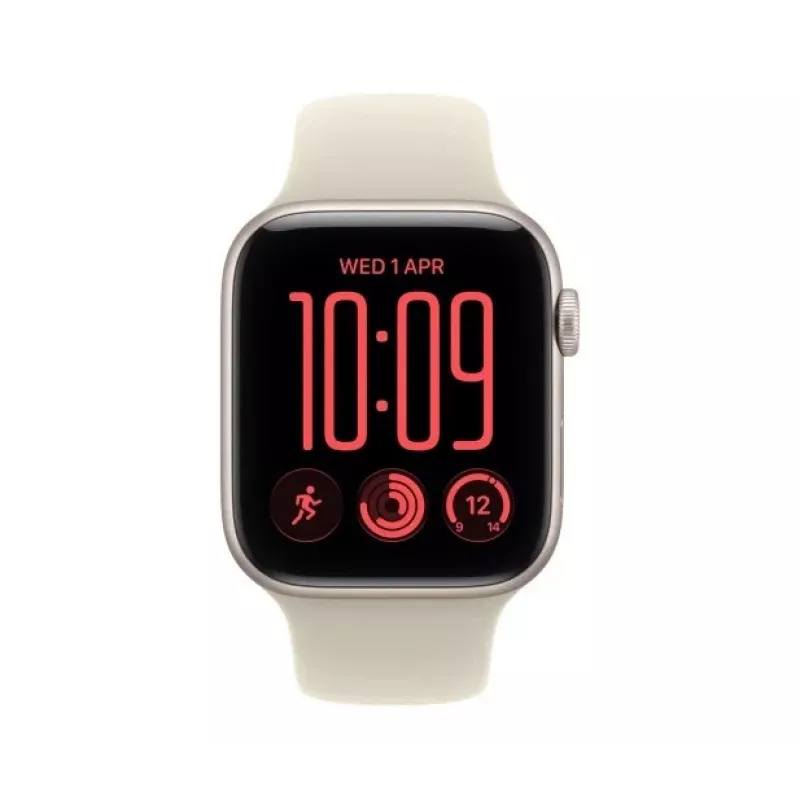 Apple Watch SE 3 smartwatch, GPS + Cellular, 44 mm, koperta z aluminium w kolorze księżycowej poświaty, piaskowy pasek sportowy S/M