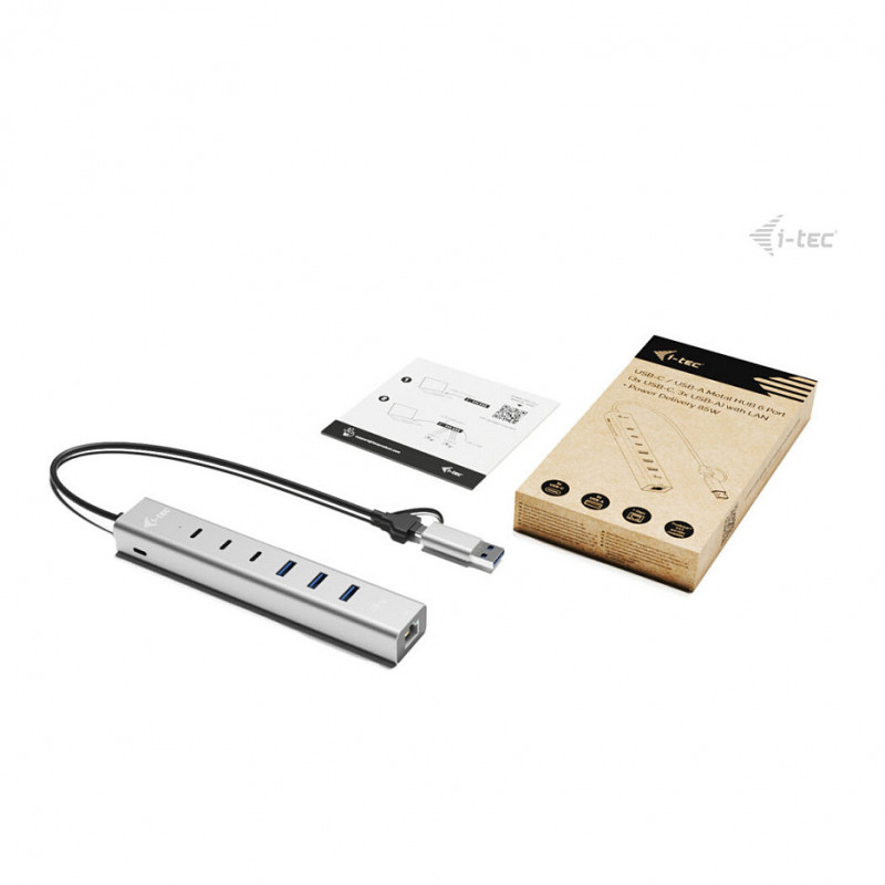 i-tec CAHUBMETAL6LANPD metalowy hub USB-C/USB-A, 6 portów, Gigabit LAN, Power Delivery 85 W, srebrny