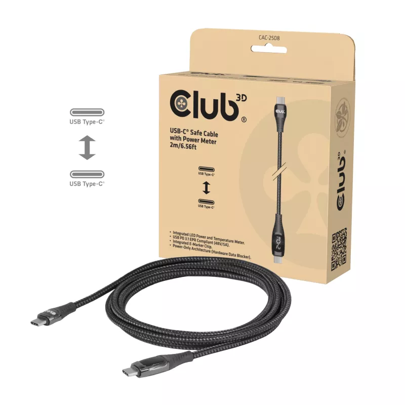 Club 3D CAC-2508 bezpieczny kabel ładujący USB-C, 240 W, z wyświetlaczem ładowania, wtyk/wtyk, 2 m