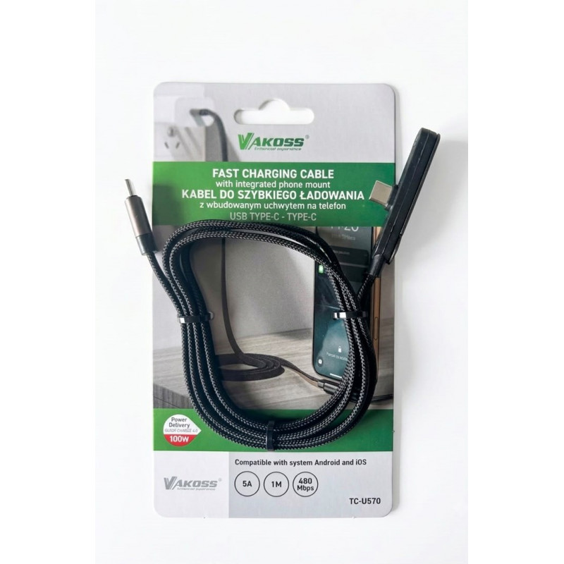 Vakoss TC-U570 kabel USB-C na USB-C z funkcją podstawki, 100 W, 1 m, czarny