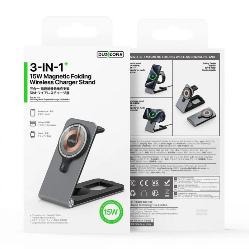 Duzzona W22 3 w 1 magnetyczna ładowarka bezprzewodowa, szara