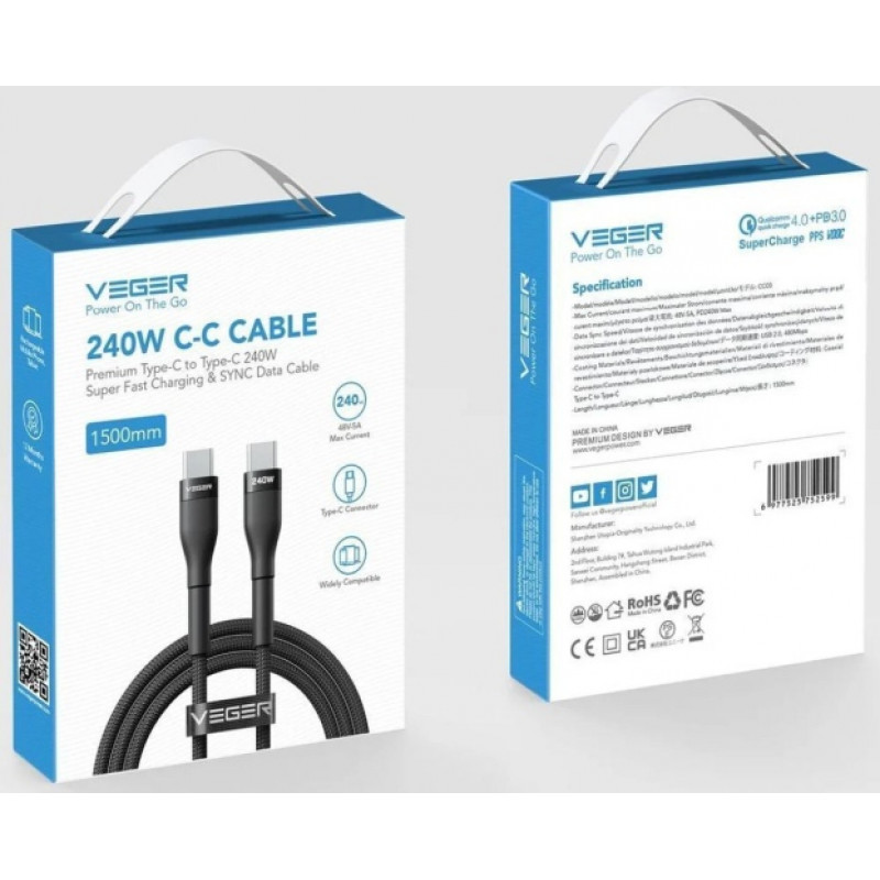 Veger CC03 kabel USB-C – USB-C, PD 48 V 5 A 240 W, 1,5 m, czarny