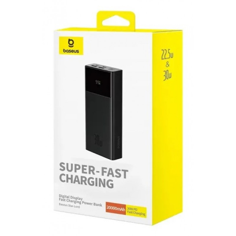 Powerbank Baseus Star-Lord 20000 mAh, 30 W, z wyświetlaczem i kablem, czarny
