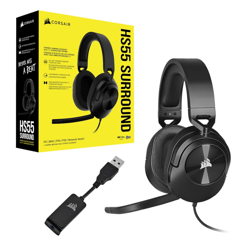 Corsair HS55 Surround CA-9011260-AP przewodowy zestaw słuchawkowy dla graczy, Dolby Audio 7.1, karbonowa czerń