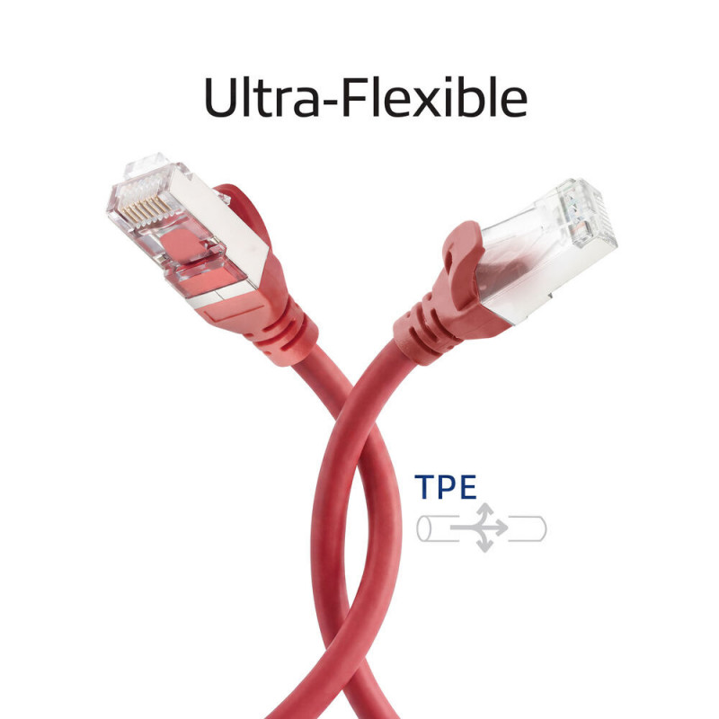 ACT FC2552 ultraelastyczny patchcord CAT6A S/FTP, 0,25 m, TPE, RJ45, z osłoną zapobiegającą zaczepianiu, czerwony