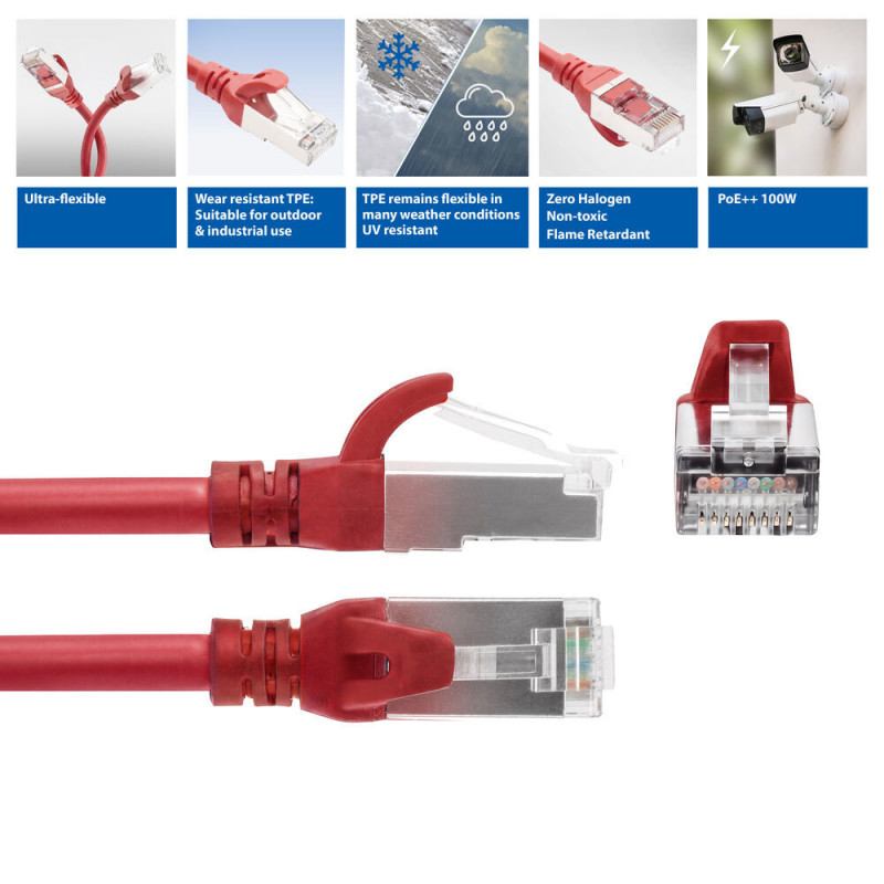 ACT FC2552 ultraelastyczny patchcord CAT6A S/FTP, 0,25 m, TPE, RJ45, z osłoną zapobiegającą zaczepianiu, czerwony