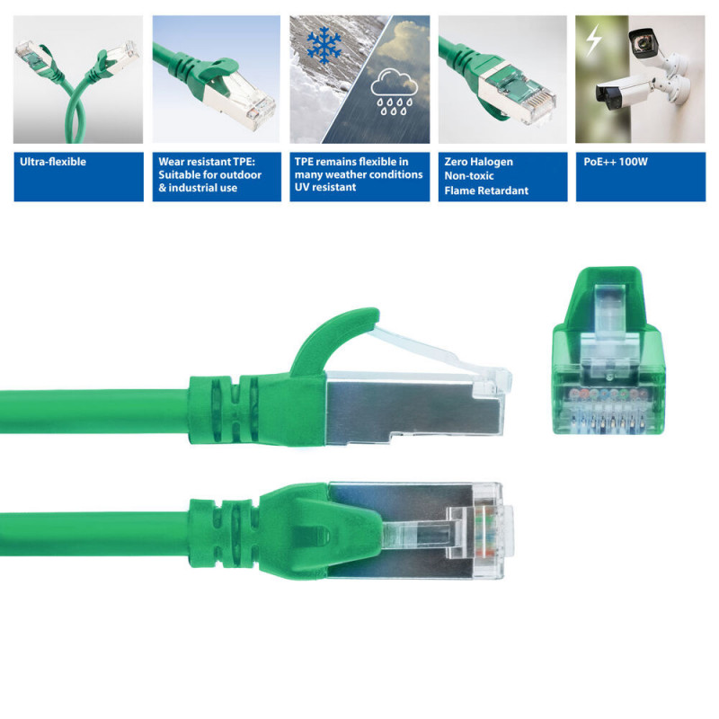 ACT FC2715 ultraelastyczny kabel krosowy S/FTP CAT6A, 15 m, TPE, z osłonami przeciw zaczepianiu, zielony