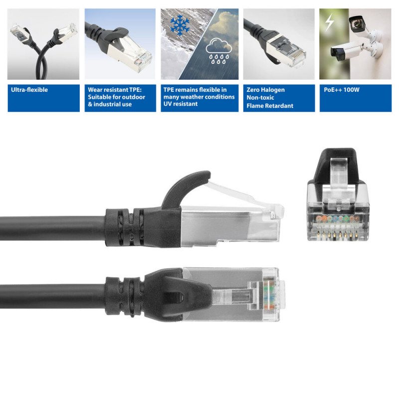 ACT FC2952 ultraelastyczny kabel krosowy S/FTP CAT6A, 0,25 m, TPE, z osłonami przeciw zaczepianiu, czarny
