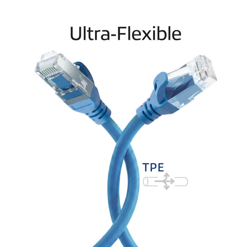 ACT FC1601 ultraelastyczny kabel krosowy CAT6A U/UTP z wtykami RJ45, 1 m, TPE, z osłonami zapobiegającymi zaczepianiu, niebieski