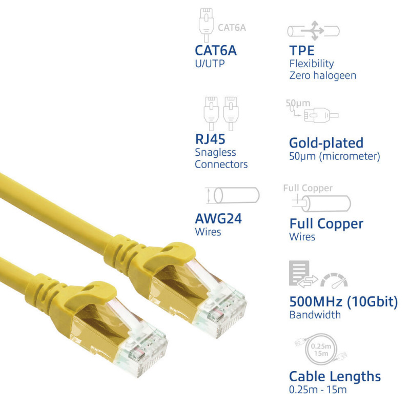 ACT FC1810 U/UTP CAT6A TPE ultraelastyczny kabel krosowy z wtykami RJ45, 10 m, żółty