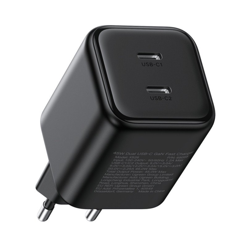 Ładowarka Ugreen X526 45 W, 2 x USB-C, GaN, czarna