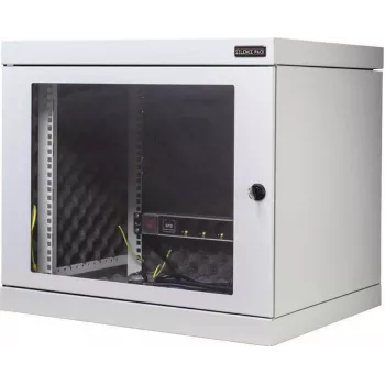 Silence Rack 99SRWV124GG wyciszona wisząca szafa sieciowa 19 cali, 12 U, głębokość 450 mm, drzwi z szybą, 1 cichy wentylator, jasnoszara