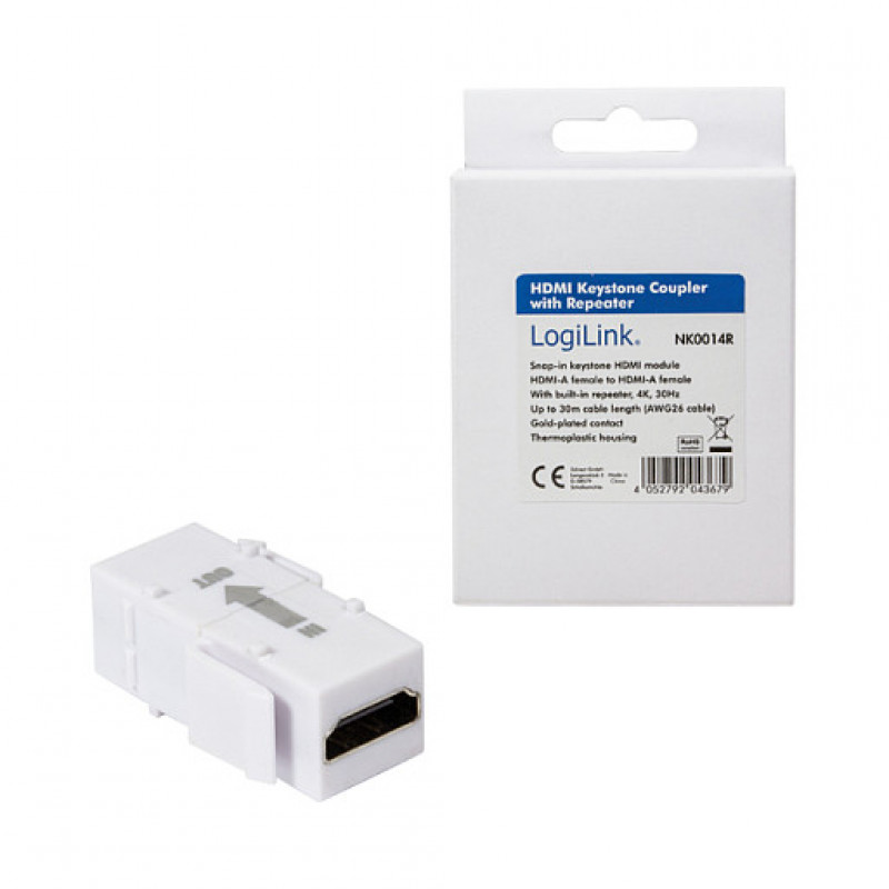 LogiLink NK0014R złącze HDMI Keystone A/F na HDMI A/F, 4K/30 Hz, repeater, białe