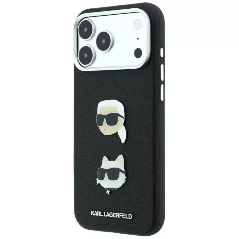 Etui Karl Lagerfeld KF003250 do iPhone 18 Pro Max / 17 Pro Max, Saffiano with Karl & Choupette Heads Pins & Logo, czarne