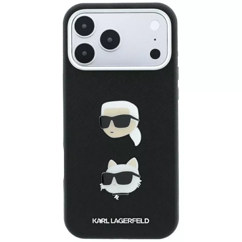 Etui Karl Lagerfeld KF003250 do iPhone 18 Pro Max / 17 Pro Max, Saffiano with Karl & Choupette Heads Pins & Logo, czarne